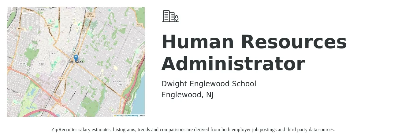Dwight Englewood School job posting for a Human Resources Administrator in Englewood, NJ with a salary of $23 to $32 Hourly with a map of Englewood location.