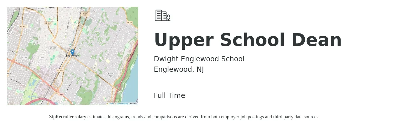 Dwight Englewood School job posting for a Upper School Dean in Englewood, NJ with a salary of $70,800 to $111,800 Yearly with a map of Englewood location.