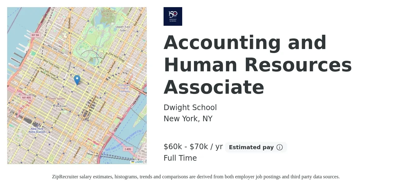 Dwight School job posting for a Accounting and Human Resources Associate in New York, NY with a salary of $60,000 to $70,000 Yearly with a map of New York location.