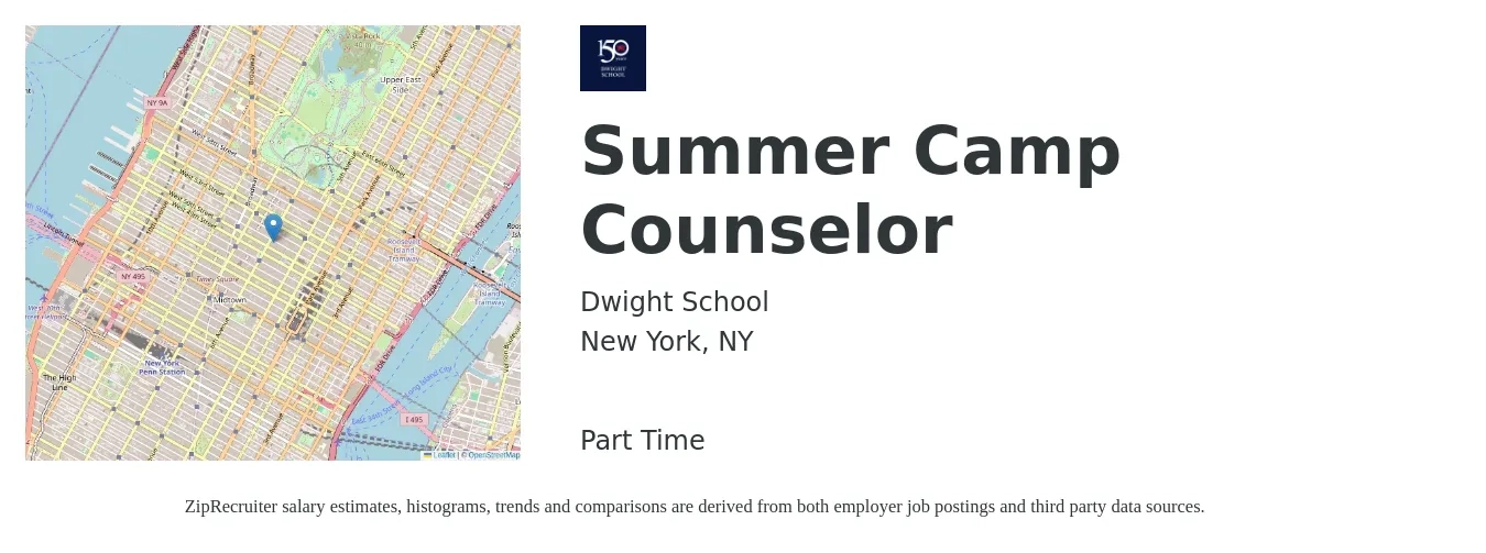 Dwight School job posting for a Summer Camp Counselor in New York, NY with a salary of $17 to $25 Hourly with a map of New York location.