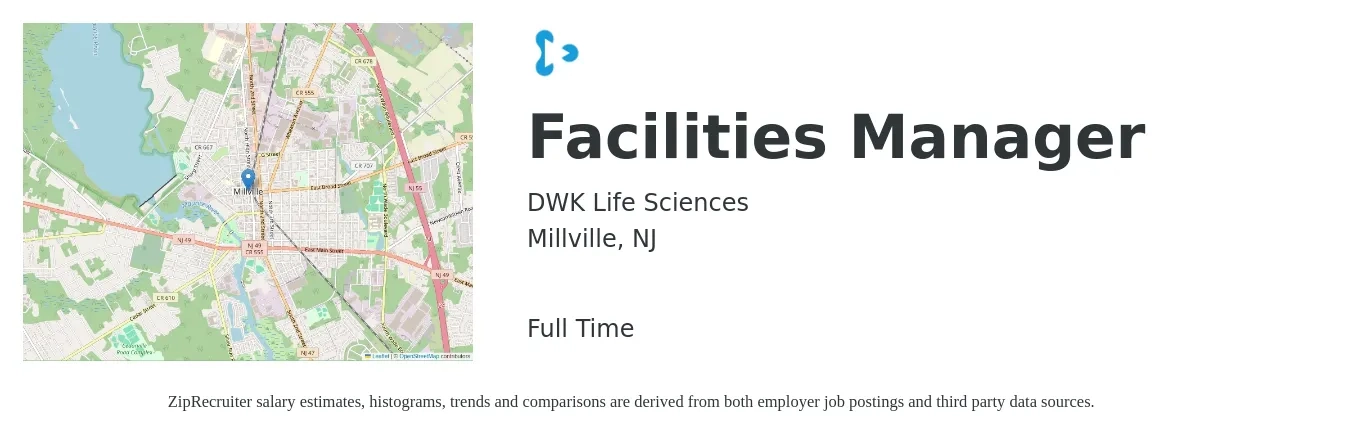DWK Life Sciences job posting for a Facilities Manager in Millville, NJ with a salary of $50,700 to $84,000 Yearly with a map of Millville location.