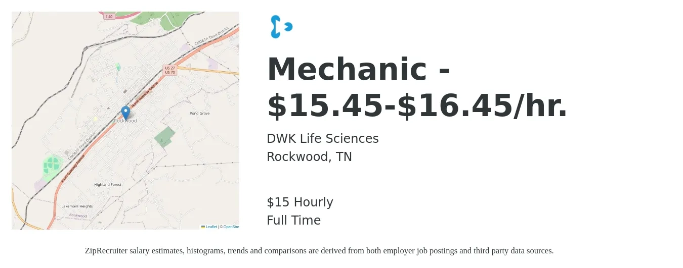 DWK Life Sciences job posting for a Mechanic - $15.45-$16.45/hr. in Rockwood, TN with a salary of $16 Hourly with a map of Rockwood location.