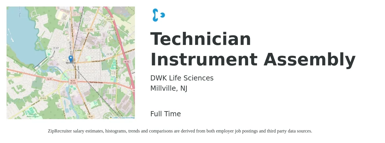 DWK Life Sciences job posting for a Technician Instrument Assembly in Millville, NJ with a salary of $16 to $21 Hourly with a map of Millville location.