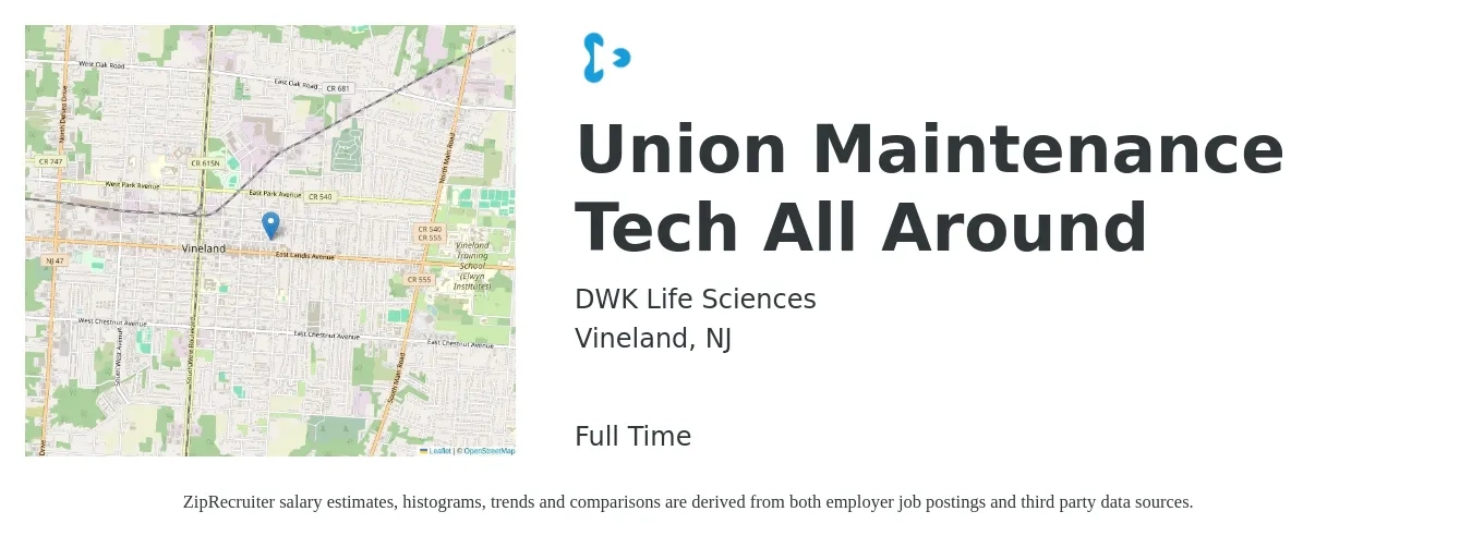 DWK Life Sciences job posting for a Union Maintenance Tech All Around in Vineland, NJ with a salary of $19 to $26 Hourly with a map of Vineland location.