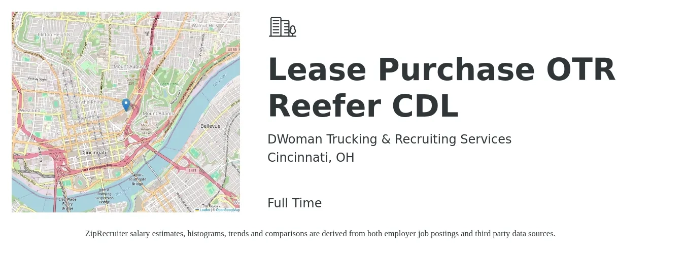 DWoman Trucking & Recruiting Services job posting for a Lease Purchase OTR Reefer CDL in Cincinnati, OH with a salary of $2,000 to $2,500 Weekly with a map of Cincinnati location.