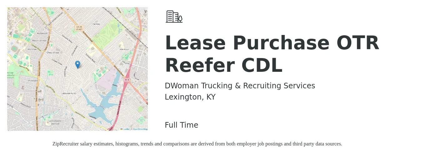 DWoman Trucking & Recruiting Services job posting for a Lease Purchase OTR Reefer CDL in Lexington, KY with a salary of $2,000 to $2,500 Weekly with a map of Lexington location.