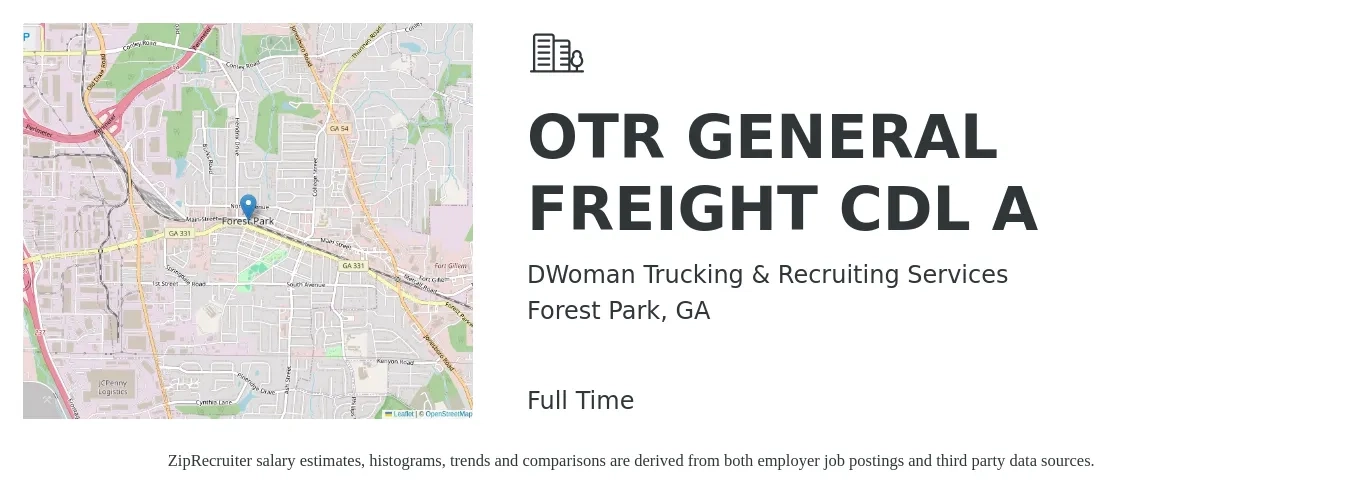 DWoman Trucking & Recruiting Services job posting for a OTR GENERAL FREIGHT CDL A in Forest Park, GA with a salary of $1,190 to $1,740 Weekly with a map of Forest Park location.
