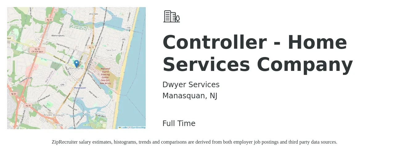 Dwyer Services job posting for a Controller - Home Services Company in Manasquan, NJ with a salary of $96,000 to $137,000 Yearly with a map of Manasquan location.