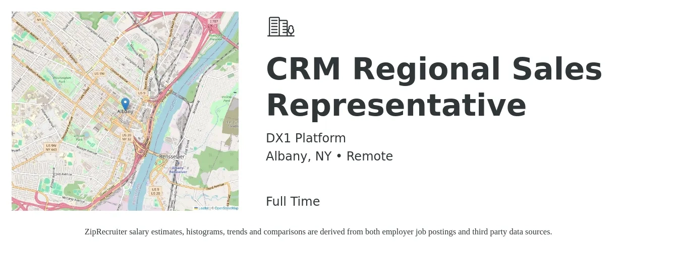 DX1 Platform job posting for a CRM Regional Sales Representative in Albany, NY with a salary of $40,000 Yearly with a map of Albany location.