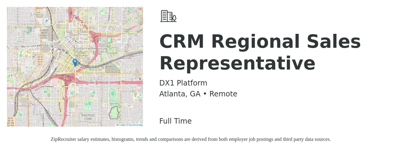 DX1 Platform job posting for a CRM Regional Sales Representative in Atlanta, GA with a salary of $40,000 Yearly with a map of Atlanta location.