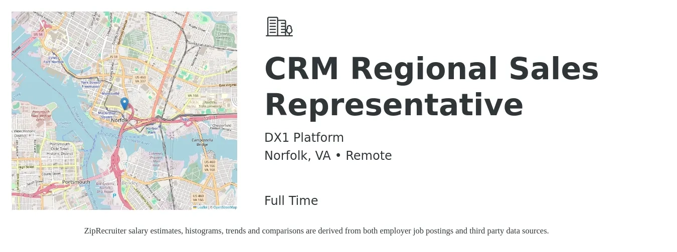 DX1 Platform job posting for a CRM Regional Sales Representative in Norfolk, VA with a salary of $40,000 Yearly with a map of Norfolk location.