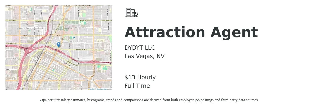 DYDYT LLC job posting for a Attraction Agent in Las Vegas, NV with a salary of $14 Hourly with a map of Las Vegas location.
