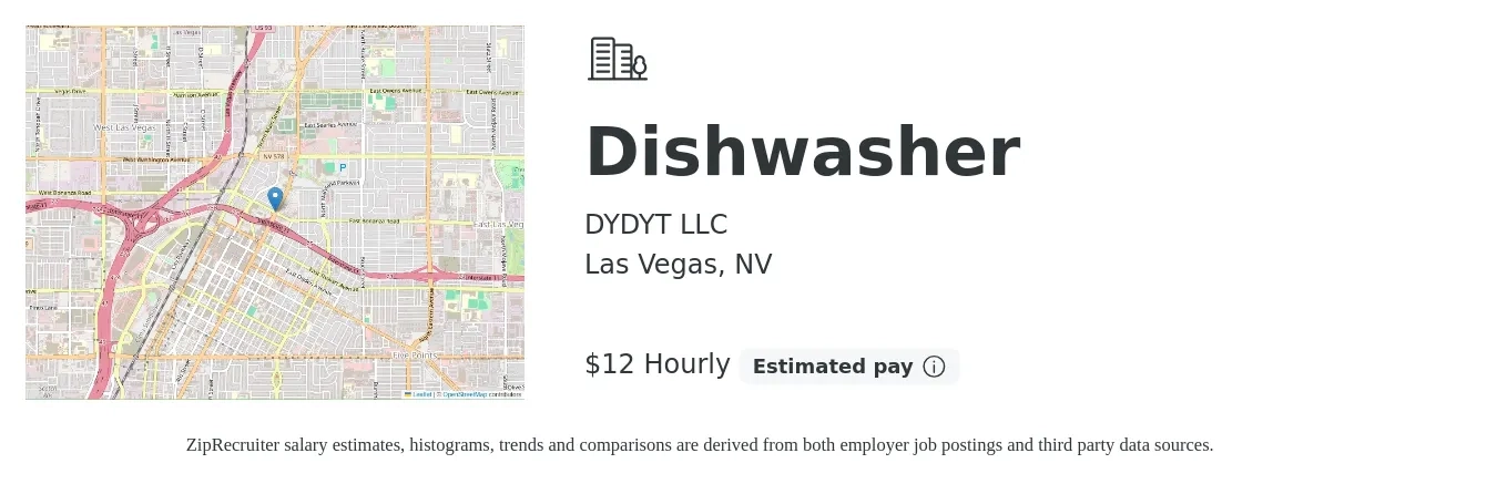 DYDYT LLC job posting for a Dishwasher in Las Vegas, NV with a salary of $14 Hourly with a map of Las Vegas location.