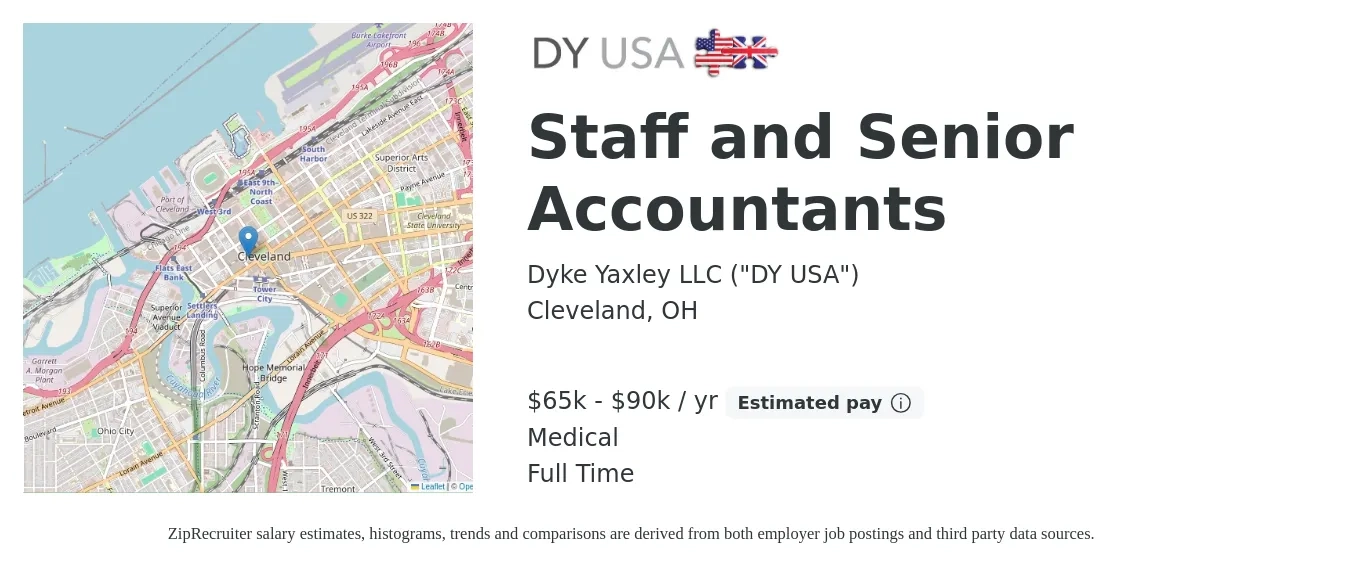 Dyke Yaxley LLC ("DY USA") job posting for a Staff and Senior Accountants in Cleveland, OH with a salary of $65,000 to $90,000 Yearly and benefits including life_insurance, medical, pto, and retirement with a map of Cleveland location.
