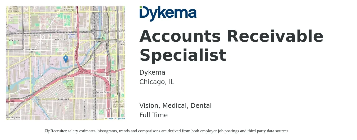 Dykema job posting for a Accounts Receivable Specialist in Chicago, IL with a salary of $21 to $28 Hourly and benefits including pto, retirement, vision, dental, life_insurance, and medical with a map of Chicago location.