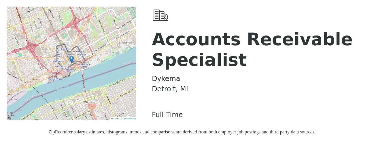 Dykema job posting for a Accounts Receivable Specialist in Detroit, MI with a salary of $20 to $26 Hourly and benefits including dental, life_insurance, medical, pto, retirement, and vision with a map of Detroit location.