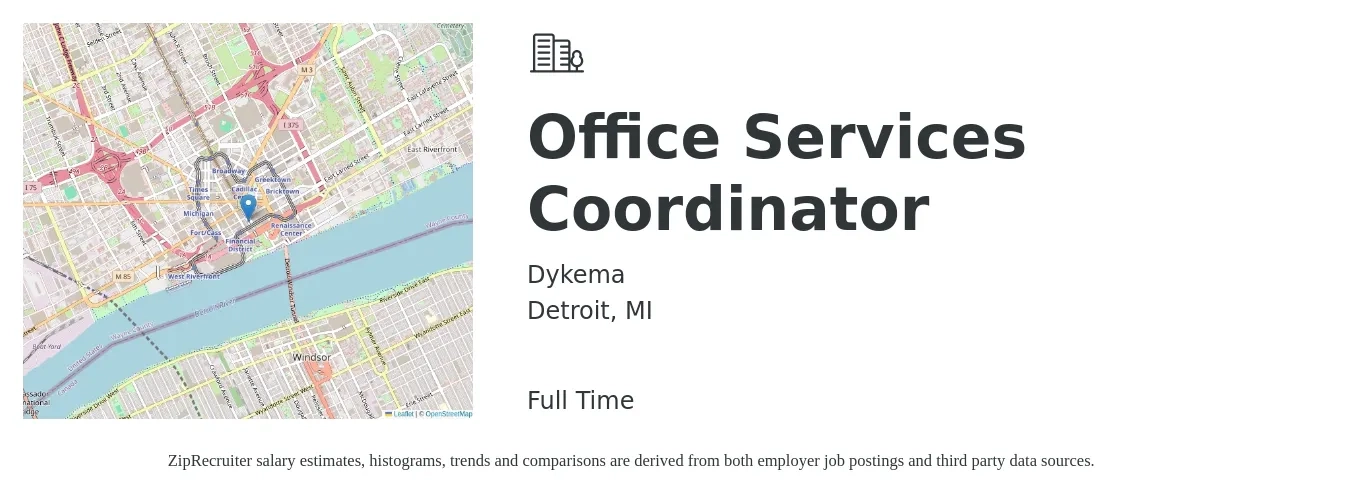 Dykema job posting for a Office Services Coordinator in Detroit, MI with a salary of $19 to $27 Hourly with a map of Detroit location.