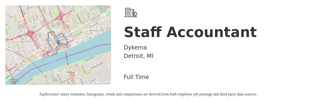 Dykema job posting for a Staff Accountant in Detroit, MI with a salary of $54,400 to $71,800 Yearly and benefits including vision, dental, life_insurance, medical, pto, and retirement with a map of Detroit location.
