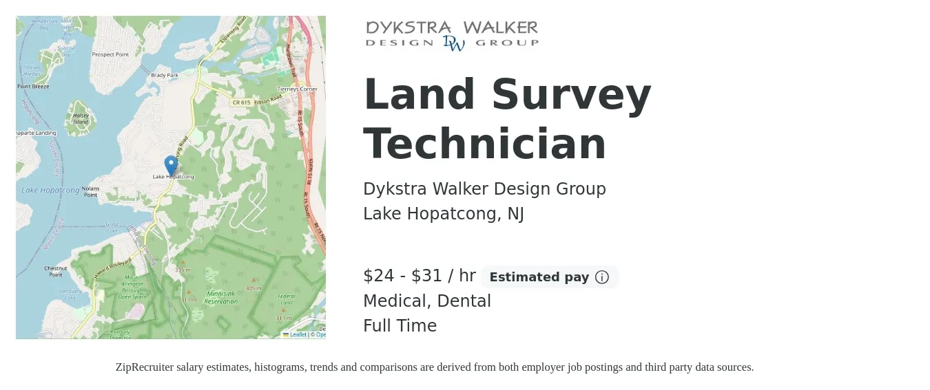 Dykstra Walker Design Group job posting for a Land Survey Technician in Lake Hopatcong, NJ with a salary of $25 to $33 Hourly and benefits including dental, life_insurance, medical, pto, and retirement with a map of Lake Hopatcong location.