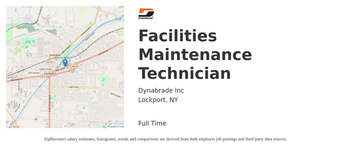 Dynabrade Inc job posting for a Facilities Maintenance Technician in Lockport, NY with a salary of $18 to $23 Hourly with a map of Lockport location.
