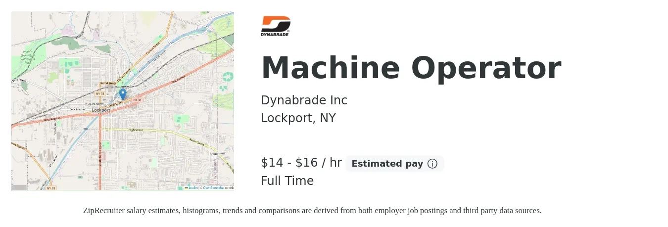 Dynabrade Inc job posting for a Machine Operator in Lockport, NY with a salary of $15 to $17 Hourly with a map of Lockport location.
