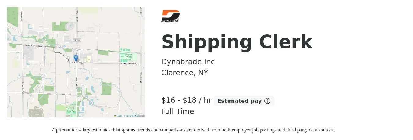 Dynabrade job posting for a Shipping Clerk in Clarence, NY with a salary of $17 to $19 Hourly with a map of Clarence location.
