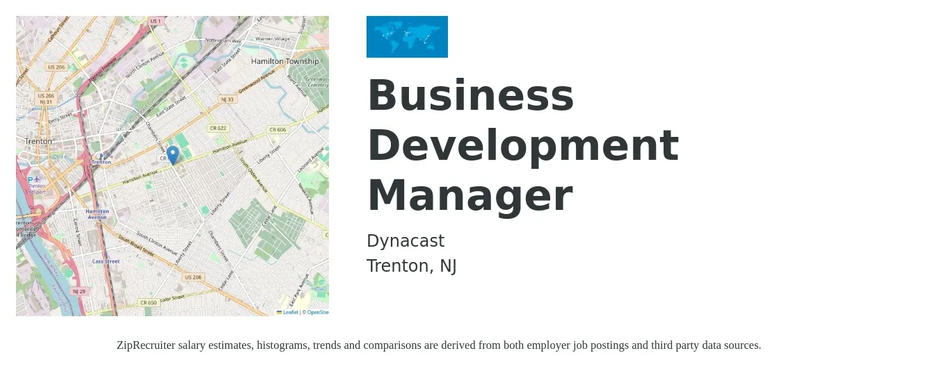 Dynacast job posting for a Business Development Manager in Trenton, NJ with a salary of $61,200 to $100,300 Yearly with a map of Trenton location.