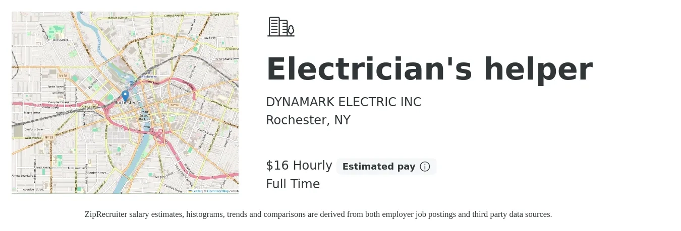 DYNAMARK ELECTRIC INC job posting for a Electrician's helper in Rochester, NY with a salary of $17 Hourly with a map of Rochester location.