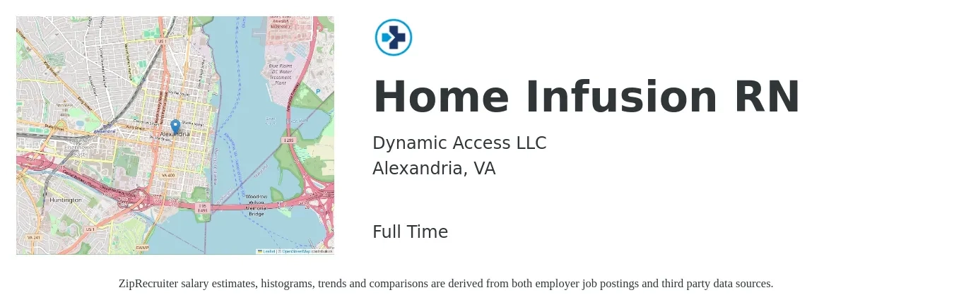 Dynamic Access LLC job posting for a Home Infusion RN in Alexandria, VA with a salary of $38 to $58 Hourly with a map of Alexandria location.