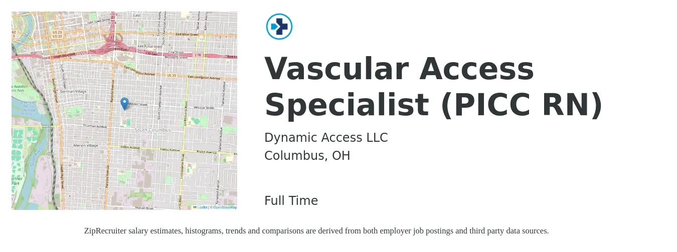 Dynamic Access LLC job posting for a Vascular Access Specialist (PICC RN) in Columbus, OH with a salary of $77,300 to $88,900 Yearly with a map of Columbus location.