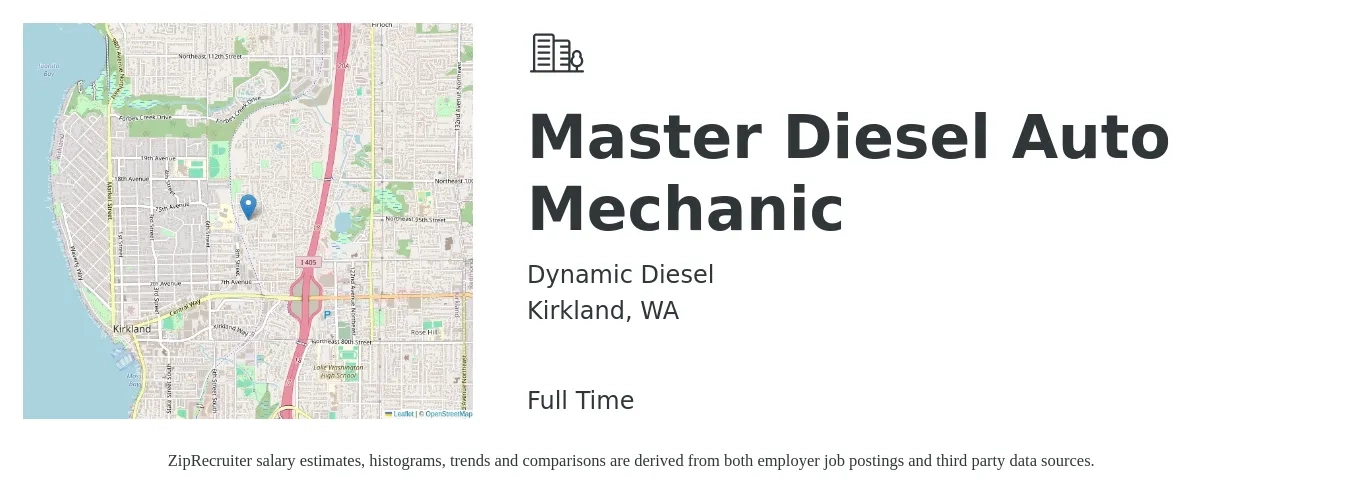 Dynamic Diesel job posting for a Master Diesel Auto Mechanic in Kirkland, WA with a salary of $96,000 to $165,000 Yearly with a map of Kirkland location.