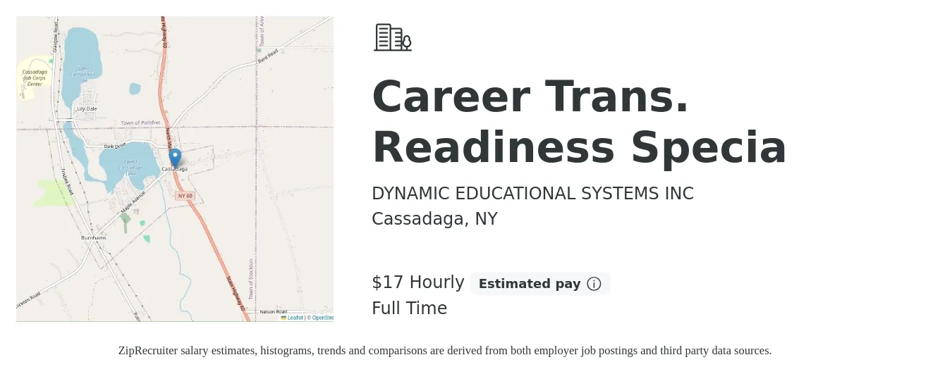 DYNAMIC EDUCATIONAL SYSTEMS INC job posting for a Career Trans. Readiness Specia in Cassadaga, NY with a salary of $18 Hourly with a map of Cassadaga location.