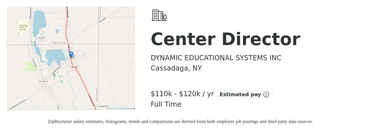 DYNAMIC EDUCATIONAL SYSTEMS INC job posting for a Center Director in Cassadaga, NY with a salary of $110,000 to $120,000 Yearly with a map of Cassadaga location.