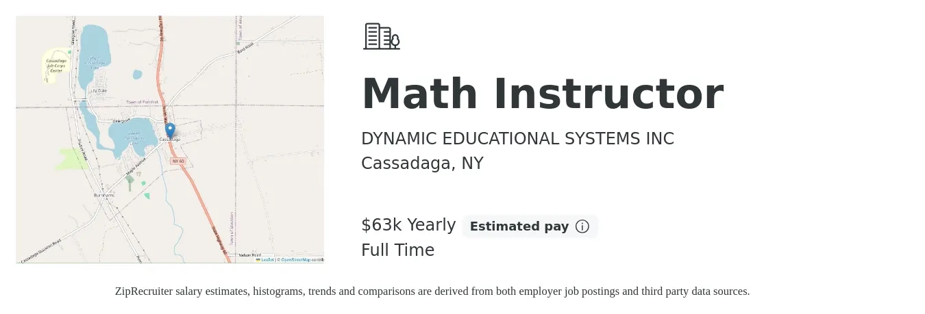 DYNAMIC EDUCATIONAL SYSTEMS INC job posting for a Math Instructor in Cassadaga, NY with a salary of $63,000 Yearly with a map of Cassadaga location.