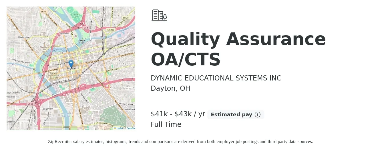 DYNAMIC EDUCATIONAL SYSTEMS INC job posting for a Quality Assurance OA/CTS in Dayton, OH with a salary of $41,000 to $43,000 Yearly with a map of Dayton location.