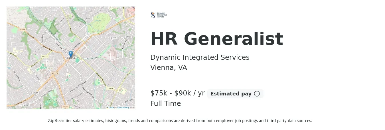 Dynamic Integrated Services job posting for a HR Generalist in Vienna, VA with a salary of $75,000 to $90,000 Yearly with a map of Vienna location.