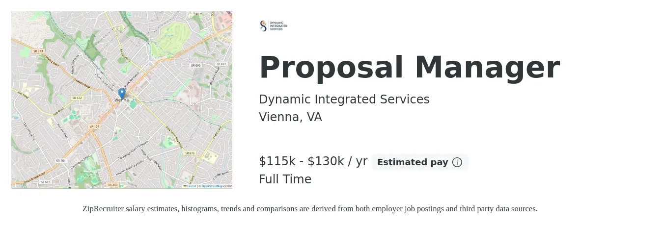 Dynamic Integrated Services job posting for a Proposal Manager in Vienna, VA with a salary of $115,000 to $130,000 Yearly with a map of Vienna location.