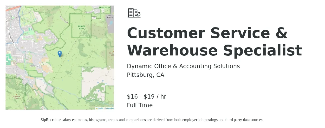 Dynamic Office & Accounting Solutions job posting for a Customer Service & Warehouse Specialist in Pittsburg, CA with a salary of $17 to $20 Hourly with a map of Pittsburg location.