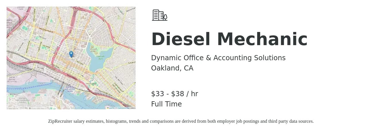 Dynamic Office & Accounting Solutions job posting for a Diesel Mechanic in Oakland, CA with a salary of $35 to $40 Hourly with a map of Oakland location.