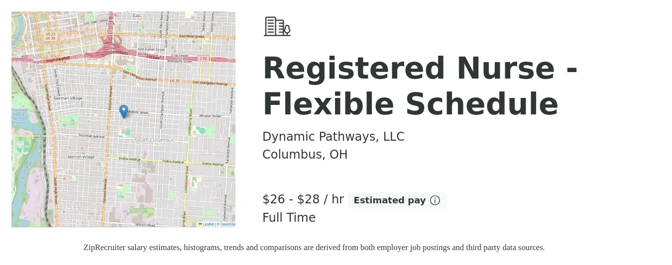 Dynamic Pathways, LLC job posting for a Registered Nurse - Flexible Schedule in Columbus, OH with a salary of $28 to $30 Hourly and benefits including pto with a map of Columbus location.