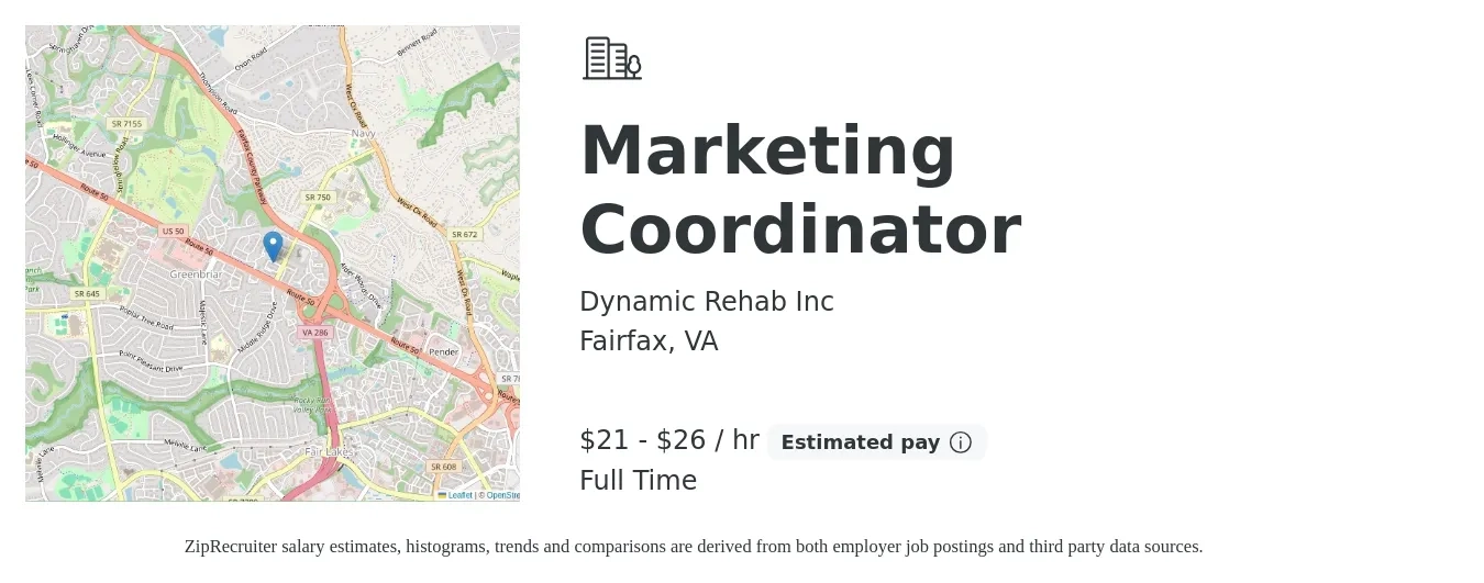 Dynamic Rehab Inc job posting for a Marketing Coordinator in Fairfax, VA with a salary of $22 to $28 Hourly with a map of Fairfax location.