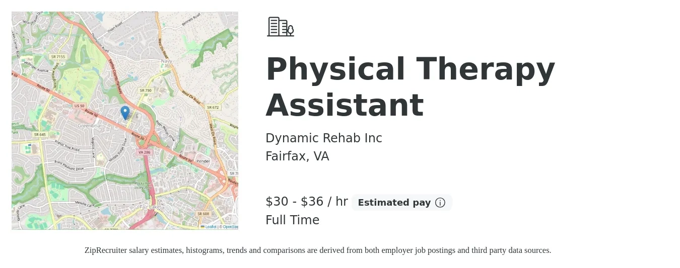 Dynamic Rehab Inc job posting for a Physical Therapy Assistant in Fairfax, VA with a salary of $32 to $38 Hourly with a map of Fairfax location.