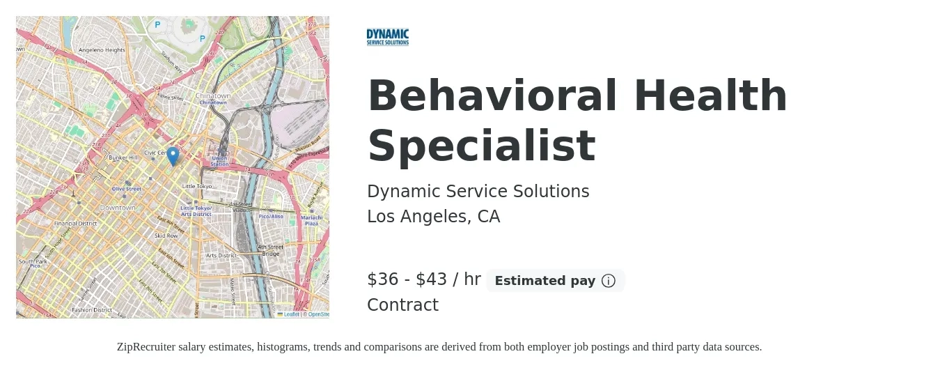 Dynamic Service Solutions job posting for a Behavioral Health Specialist in Los Angeles, CA with a salary of $38 to $45 Hourly with a map of Los Angeles location.