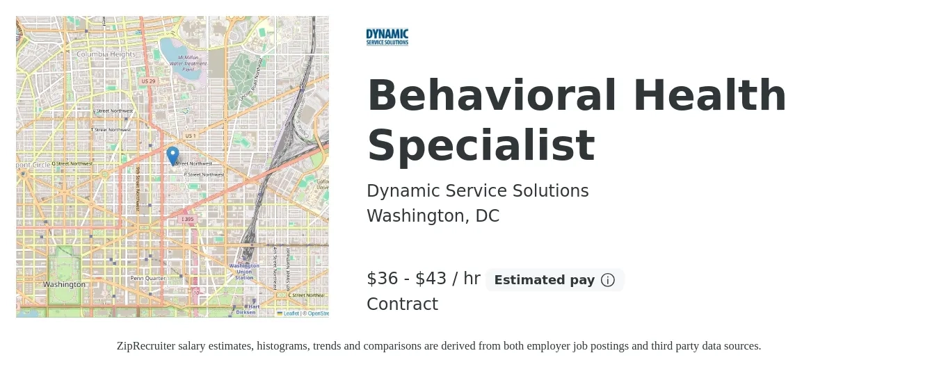 Dynamic Service Solutions job posting for a Behavioral Health Specialist in Washington, DC with a salary of $38 to $45 Hourly with a map of Washington location.