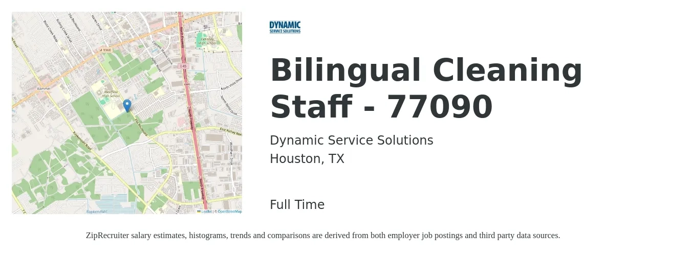 Dynamic Service Solutions job posting for a Bilingual Cleaning Staff - 77090 in Houston, TX with a salary of $12 to $16 Hourly with a map of Houston location.