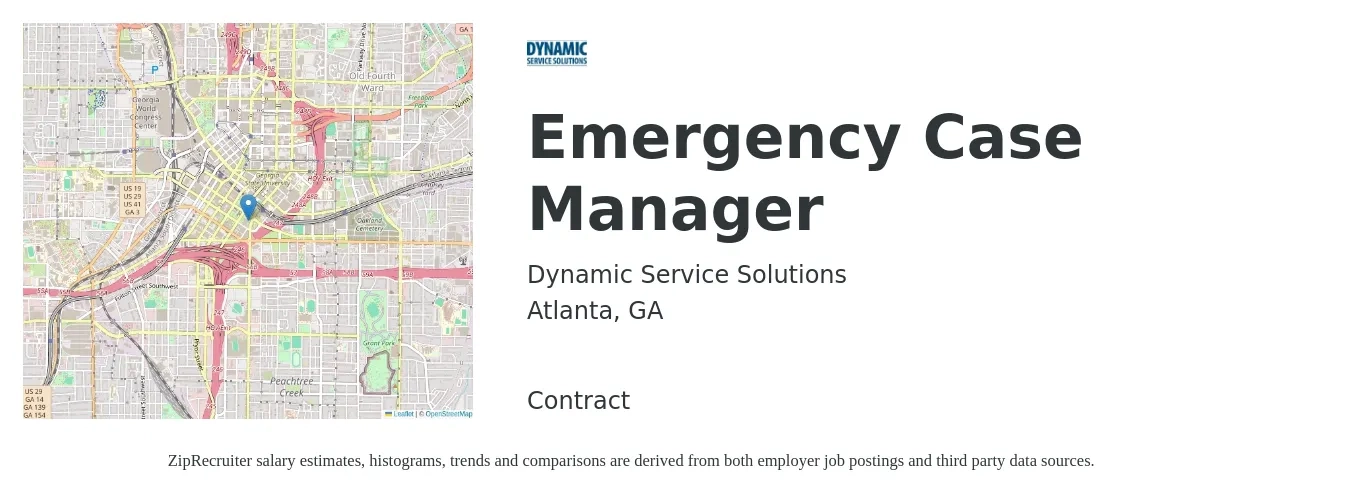 Dynamic Service Solutions job posting for a Emergency Case Manager in Atlanta, GA with a salary of $19 to $27 Hourly with a map of Atlanta location.