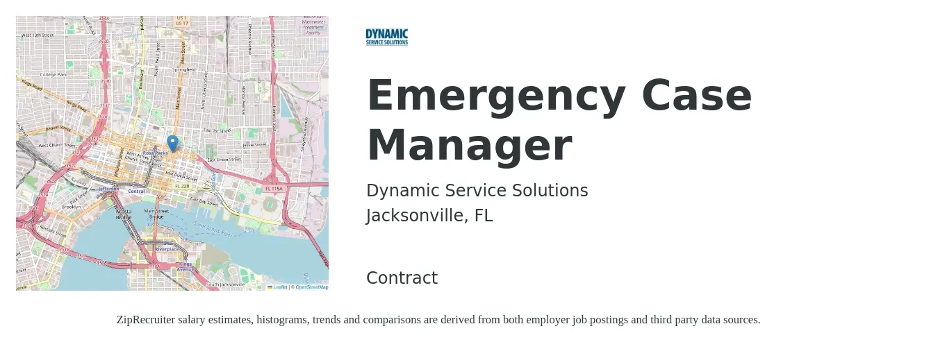 Dynamic Service Solutions job posting for a Emergency Case Manager in Jacksonville, FL with a salary of $18 to $26 Hourly with a map of Jacksonville location.