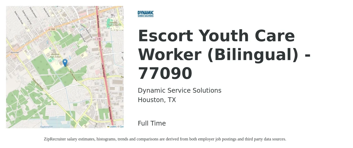 Dynamic Service Solutions job posting for a Escort Youth Care Worker (Bilingual) - 77090 in Houston, TX with a salary of $14 to $17 Hourly with a map of Houston location.