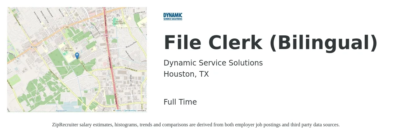 Dynamic Service Solutions job posting for a File Clerk (Bilingual) in Houston, TX with a salary of $15 to $18 Hourly with a map of Houston location.