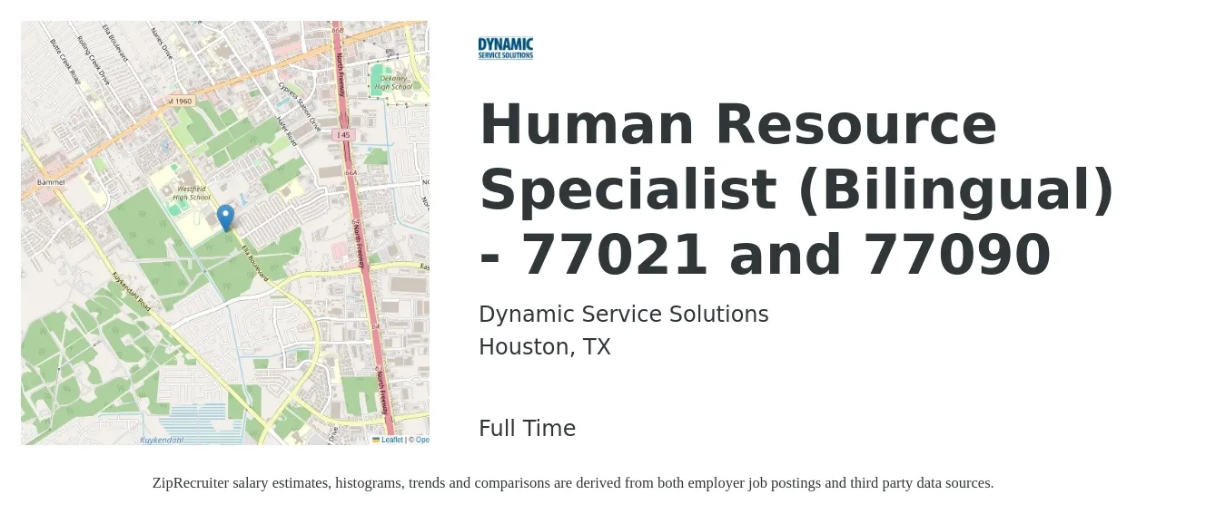 Dynamic Service Solutions job posting for a Human Resource Specialist (Bilingual) - 77021 and 77090 in Houston, TX with a salary of $40,700 to $85,400 Yearly with a map of Houston location.